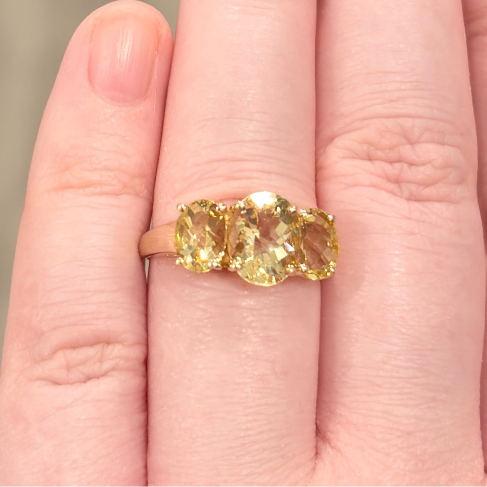 14K Golden Yellow Scapolite Ring Three Stone Oval Rose Cut 6.25 Clyde Duneier - Picture 6 of 16